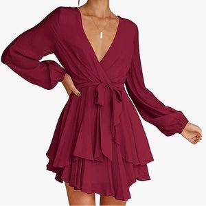 EUC Cosonsen Dress Deep V-Neck Long Sleeve Waist Tie Mini in Burgundy Size Large